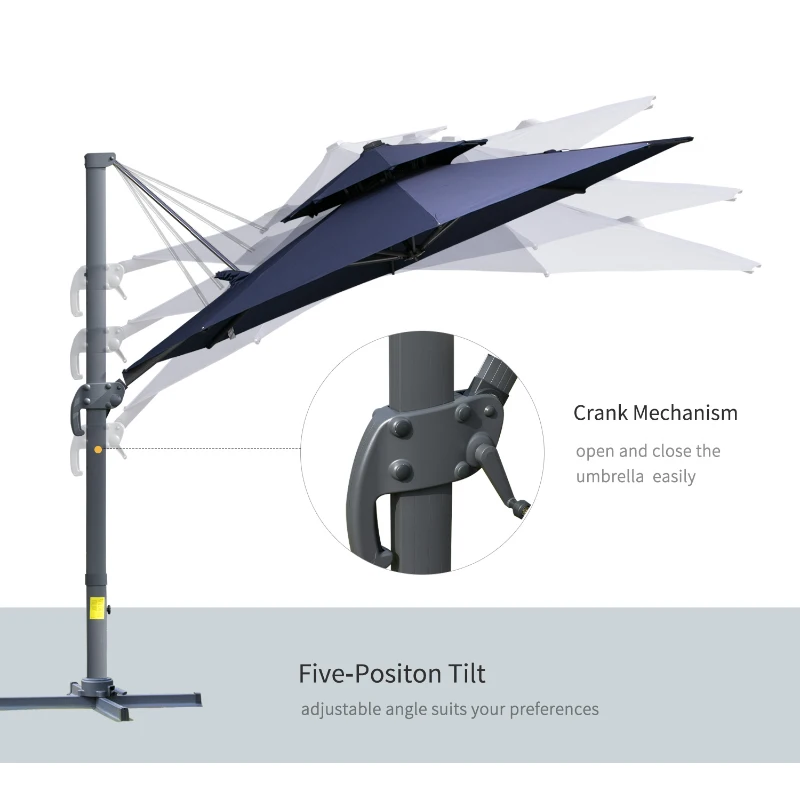 Outsunny 11ft Cantilever Patio Umbrella with Base, Double Top Hanging Aluminum Offset Umbrella with 360° Rotation, Easy Tilt, 8 Ribs, Crank, Cross Base for Backyard, Dark Blue