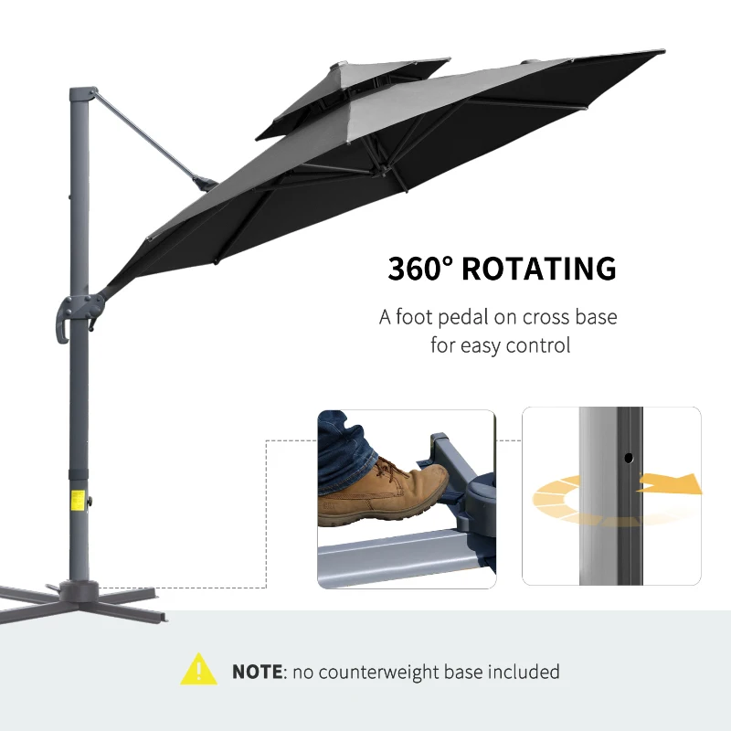 Outsunny 11ft Cantilever Patio Umbrella with Base, Double Top Hanging Aluminum Offset Umbrella with 360° Rotation, Easy Tilt, 8 Ribs, Crank, Cross Base for Backyard, Dark Gray