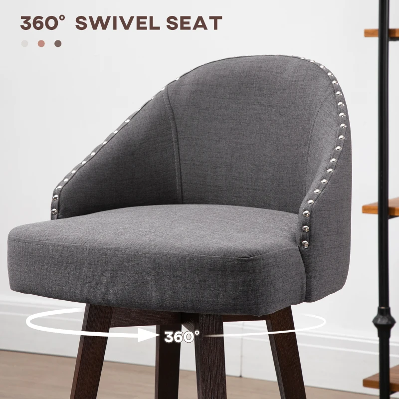 HOMCOM 26" Counter Height Bar Stools, Linen Fabric Kitchen Stools with Nailhead Trim, Rubber Wood Legs and Footrest for Dining Room, Counter, Pub, Set of 4, Dark Gray