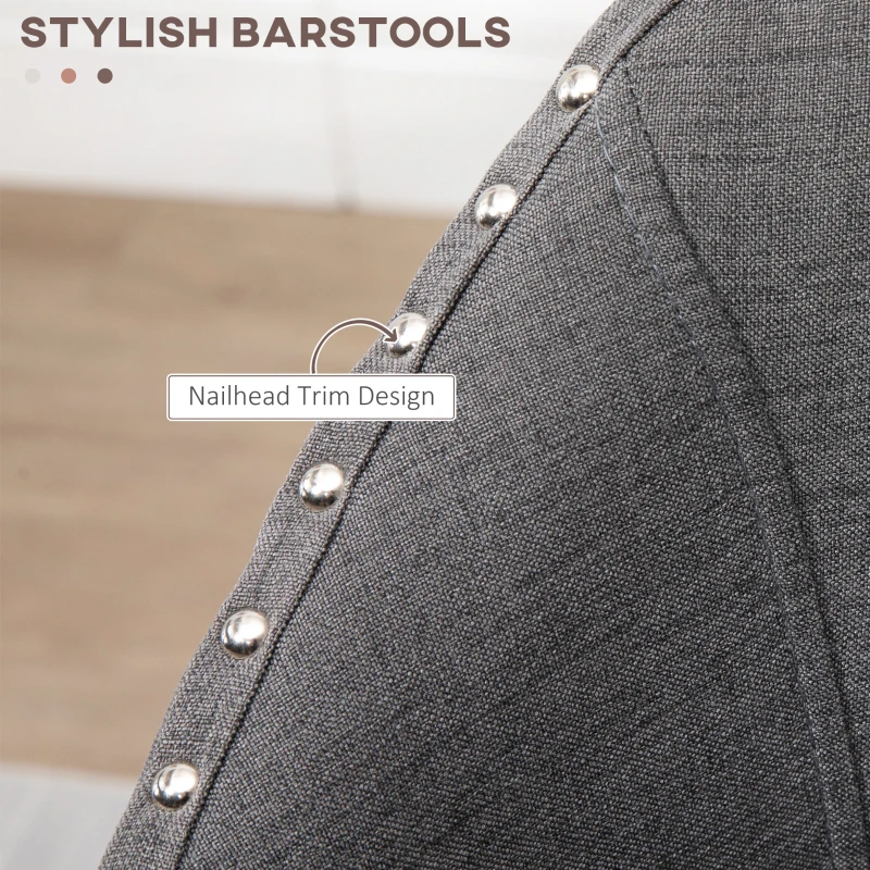 HOMCOM 26" Counter Height Bar Stools, Linen Fabric Kitchen Stools with Nailhead Trim, Rubber Wood Legs and Footrest for Dining Room, Counter, Pub, Set of 4, Dark Gray