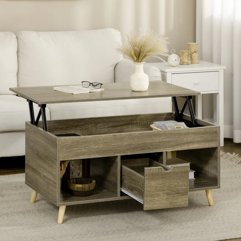 HOMCOM Lift Top Coffee Table with Hidden Storage Compartment, Drawer and Open Shelves, Coffee Table with Lift Tabletop, Center Table for Living Room, Gray
