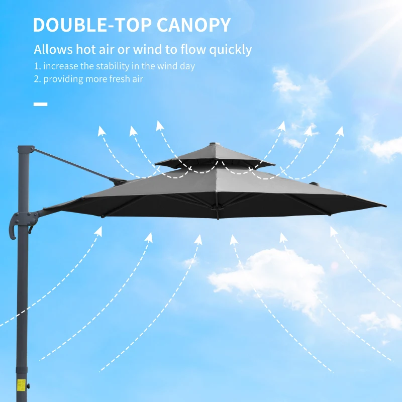Outsunny 11ft Cantilever Patio Umbrella with Base, Double Top Hanging Aluminum Offset Umbrella with 360° Rotation, Easy Tilt, 8 Ribs, Crank, Cross Base for Backyard, Dark Gray
