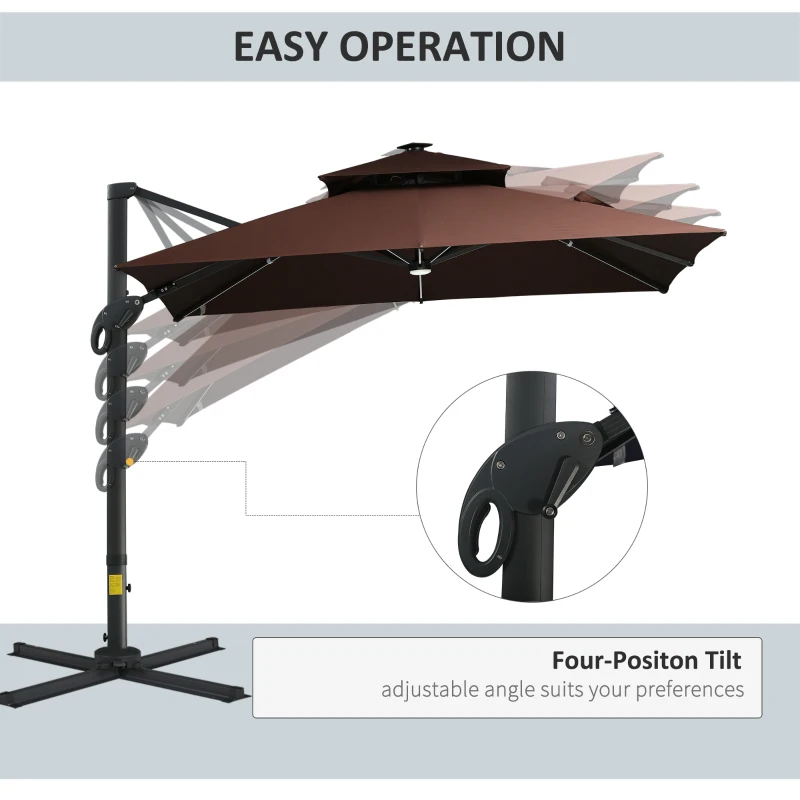 Outsunny 10x10ft Shade Umbrella with Solar LED Cold Lighted & Power Bank with Adjustable Angle for Backyard, Brown