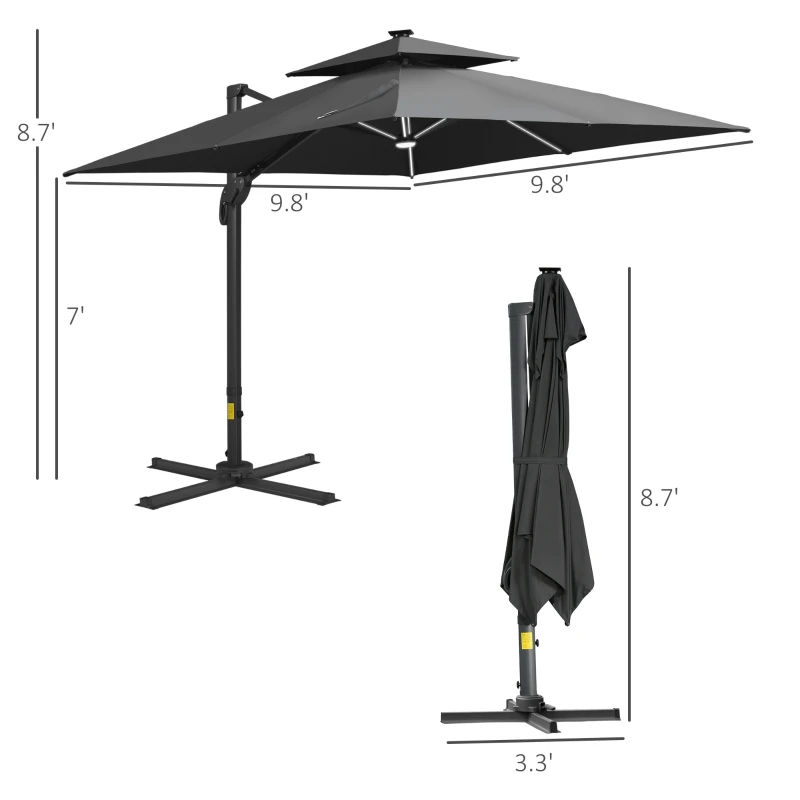 Outsunny 10x10ft Shade Umbrella with Solar LED Cold Lighted & Power Bank with Adjustable Angle for Backyard, Dark Grey