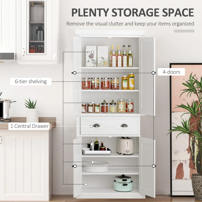 HOMCOM 6ft Wood Farmhouse Colonial Kitchen Pantry Cabinet, with 4 Adjustable Shelves, 2 Wood Pantries, & 1 Drawer, White