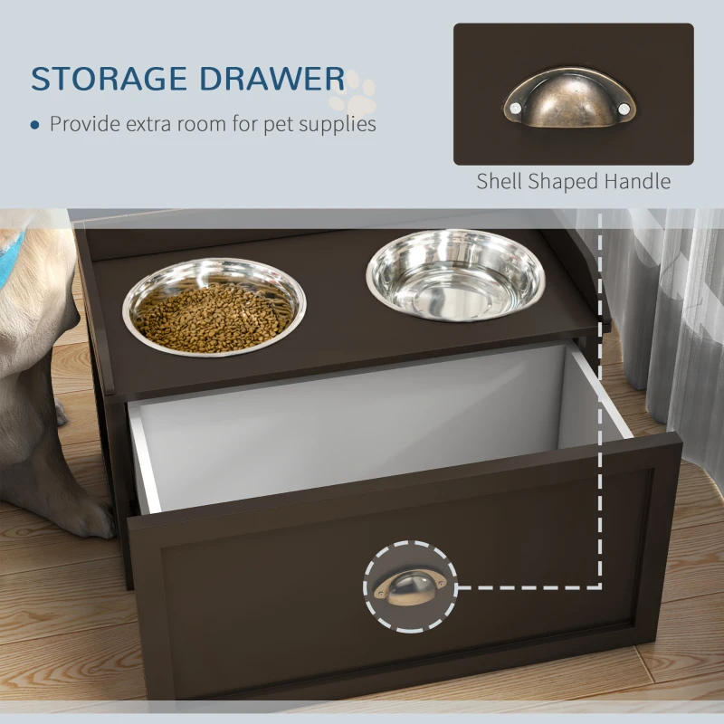 PawHut Large Dog Elevated Feeding Station with Drawer, Brown - Stylish Pet Feeder for Food & Water, Enhances Digestion