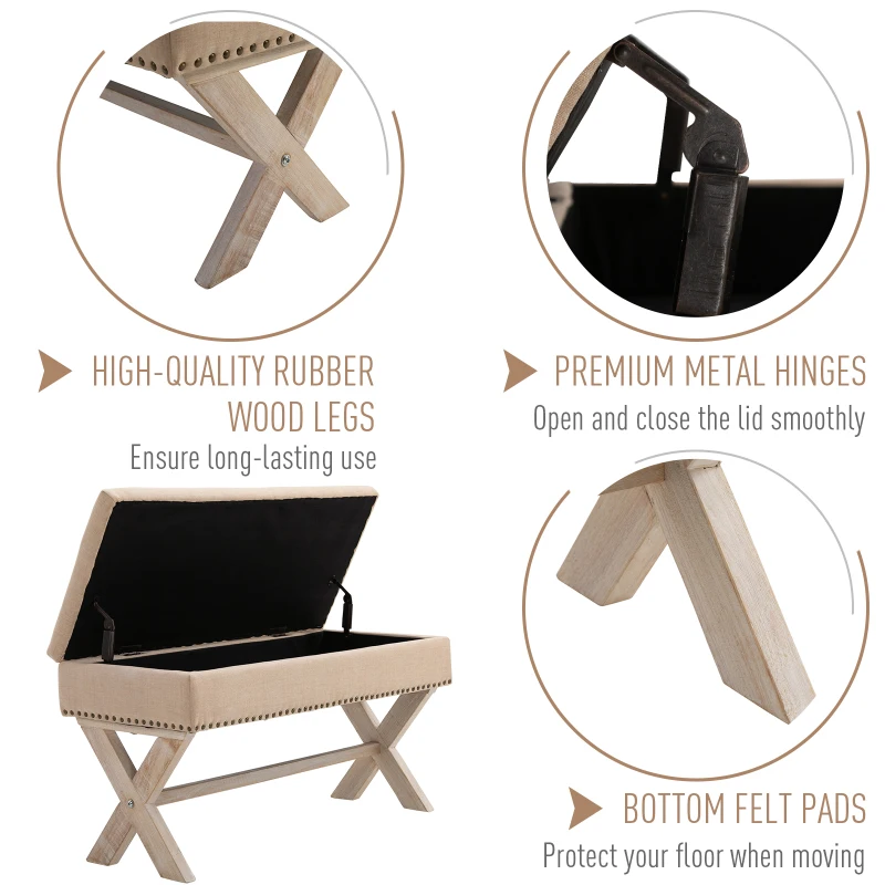 HOMCOM 35.75" Storage Ottoman, Upholstered Storage Bench with Hidden Space, Nailhead Trim and X-Shaped Wood Legs, for Living Room, Entryway, Bedroom, Beige