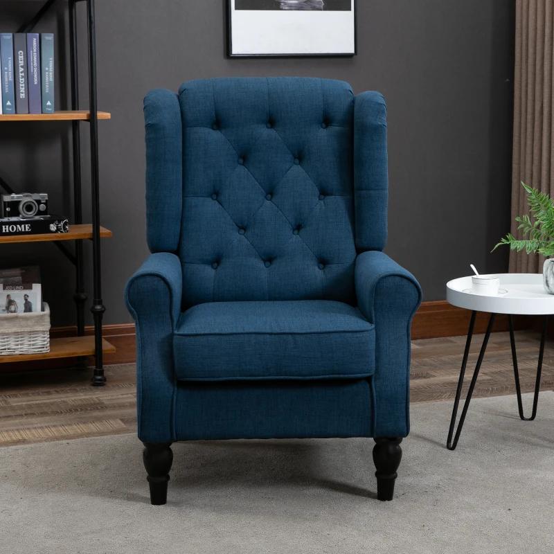 HOMCOM Button-Tufted Accent Chair with High Wingback, Rounded Cushioned Armrests and Thick Padded Seat, Set of 2, Blue