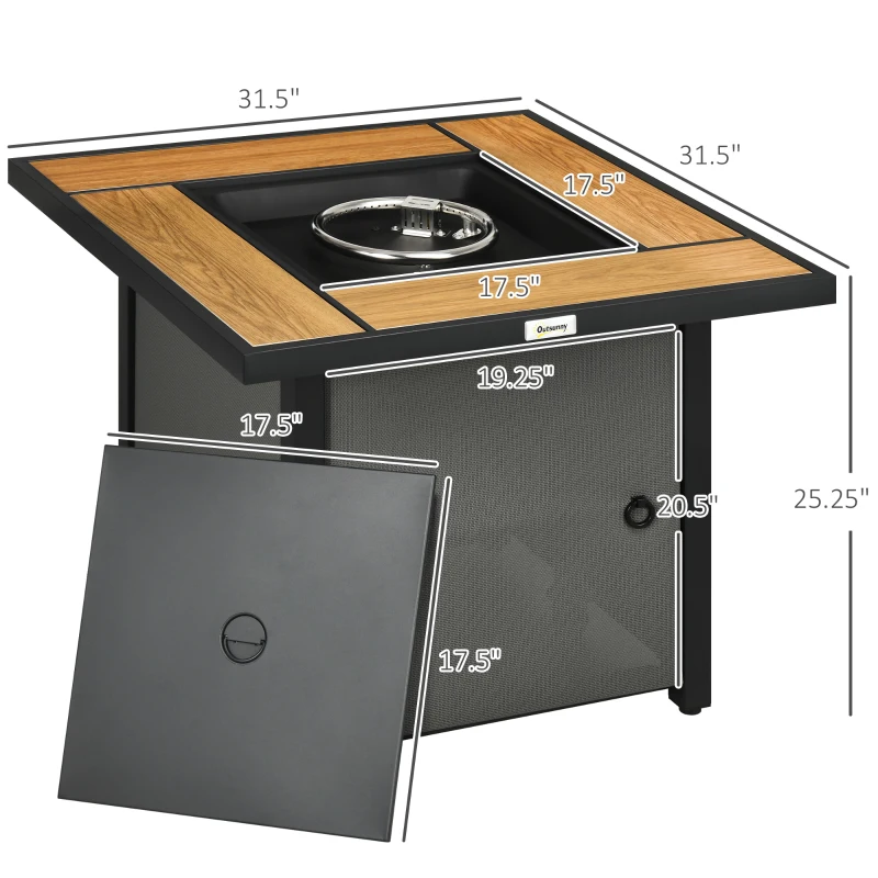 Outsunny 31 Inch Outdoor Propane Gas Fire Pit Table, 50,000 BTU Auto-Ignition Square Gas Firepit with Ceramic Tabletop, Glass Wind Guard, Lid, Glass Beads, Rain Cover, CSA Certification, Brown