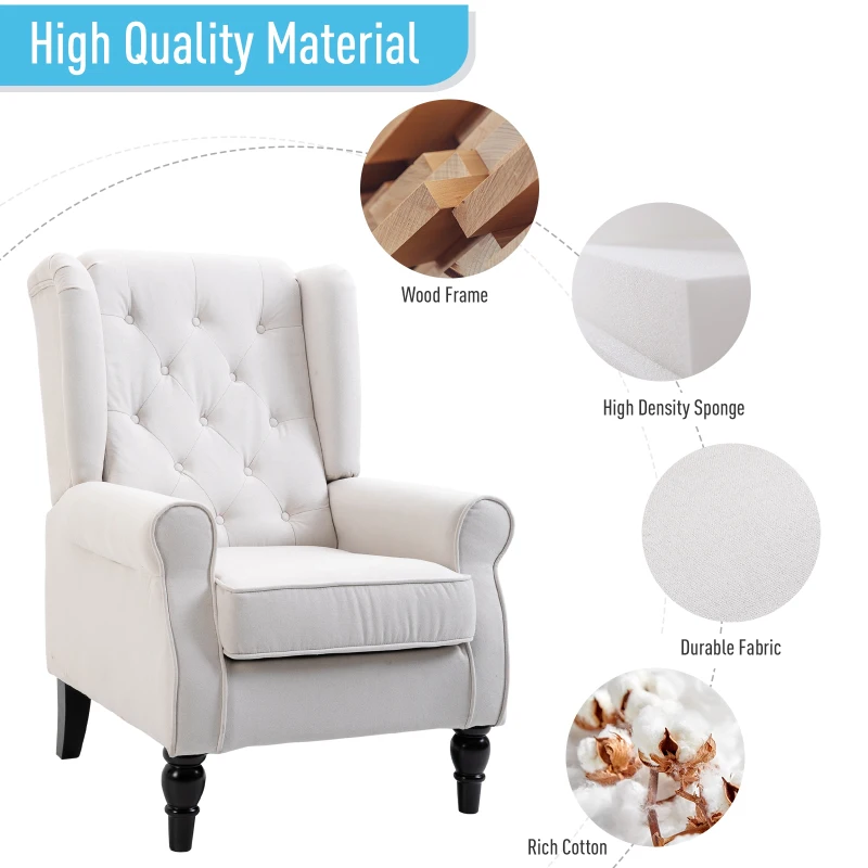 HOMCOM Button-Tufted Accent Chair with High Wingback, Rounded Cushioned Armrests and Thick Padded Seat, Set of 2, Cream White