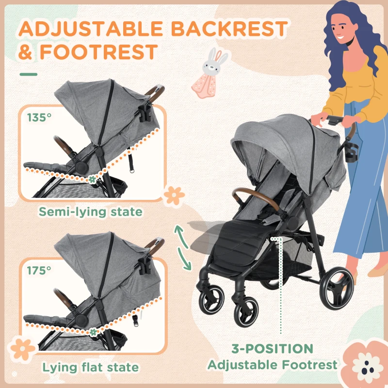 Qaba Lightweight Baby Stroller with One-Click Fold, Toddler Travel Stroller with Adjustable Backrest Footrest, Compact Stroller with All Wheel Suspension, Sun Canopy, Gray