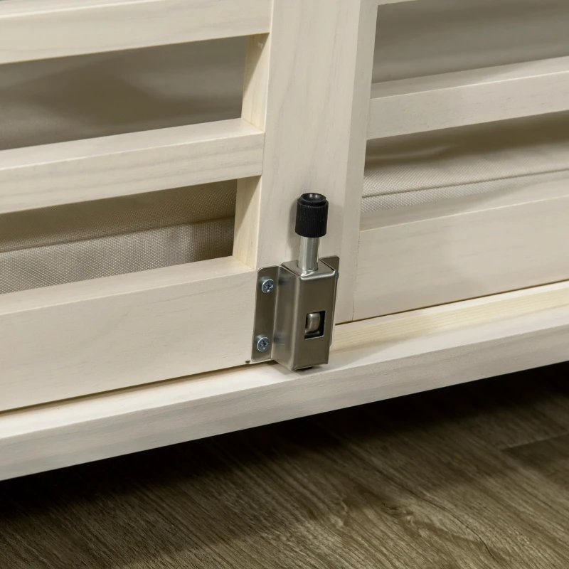 PawHut Dog Crate End Table with Cushion Sliding Door for Medium Dogs Wooden Wire Pet Kennel for Indoor Use, Natural