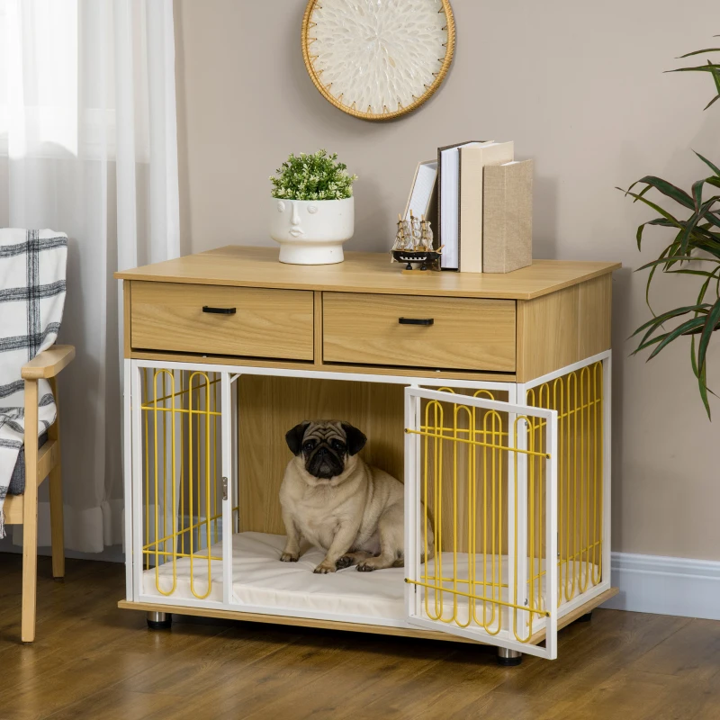 PawHut Dog Crate with Drawers, Soft Cushion, Lockable Door, for Small and Medium Dogs, Oak