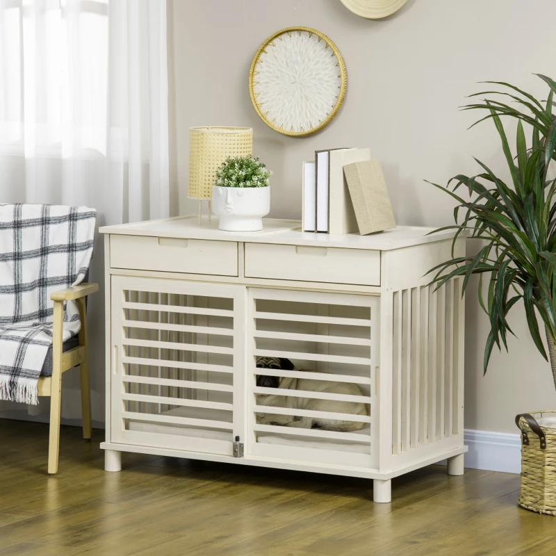 PawHut Dog Crate End Table with Cushion Sliding Door for Medium Dogs Wooden Wire Pet Kennel for Indoor Use, Natural