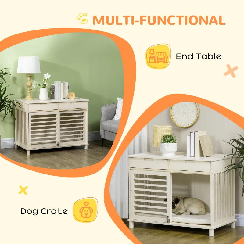 PawHut Dog Crate End Table with Cushion Sliding Door for Medium Dogs Wooden Wire Pet Kennel for Indoor Use, Natural