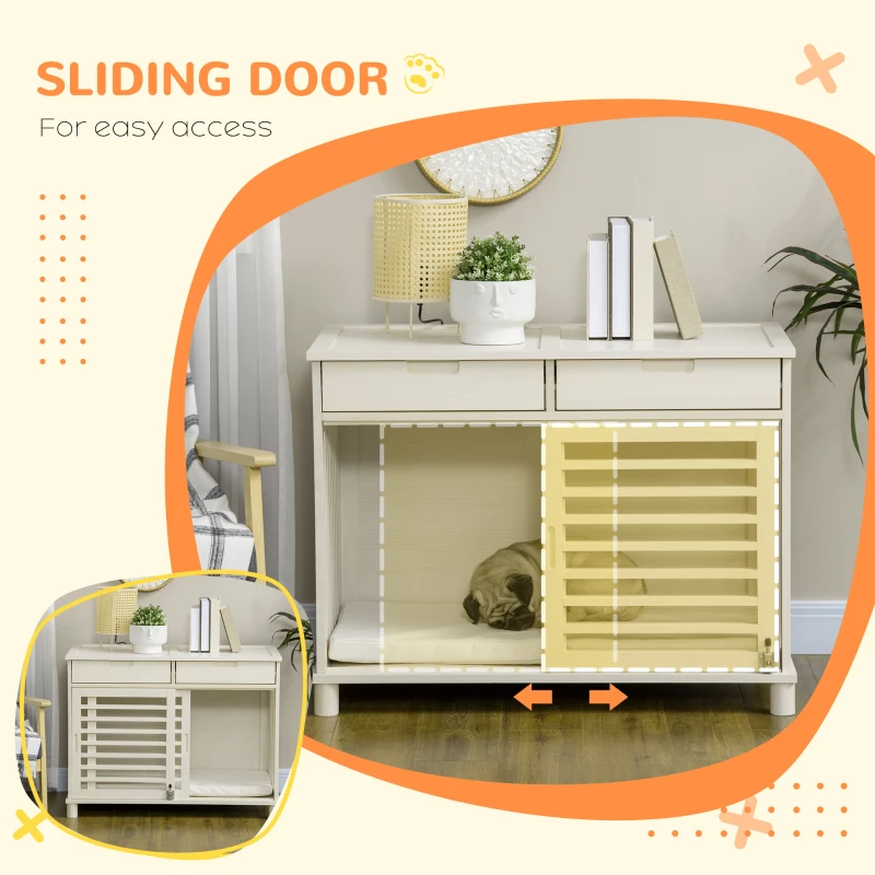 PawHut Dog Crate End Table with Cushion Sliding Door for Medium Dogs Wooden Wire Pet Kennel for Indoor Use, Natural