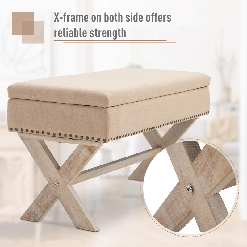 HOMCOM 35.75" Storage Ottoman, Upholstered Storage Bench with Hidden Space, Nailhead Trim and X-Shaped Wood Legs, for Living Room, Entryway, Bedroom, Beige