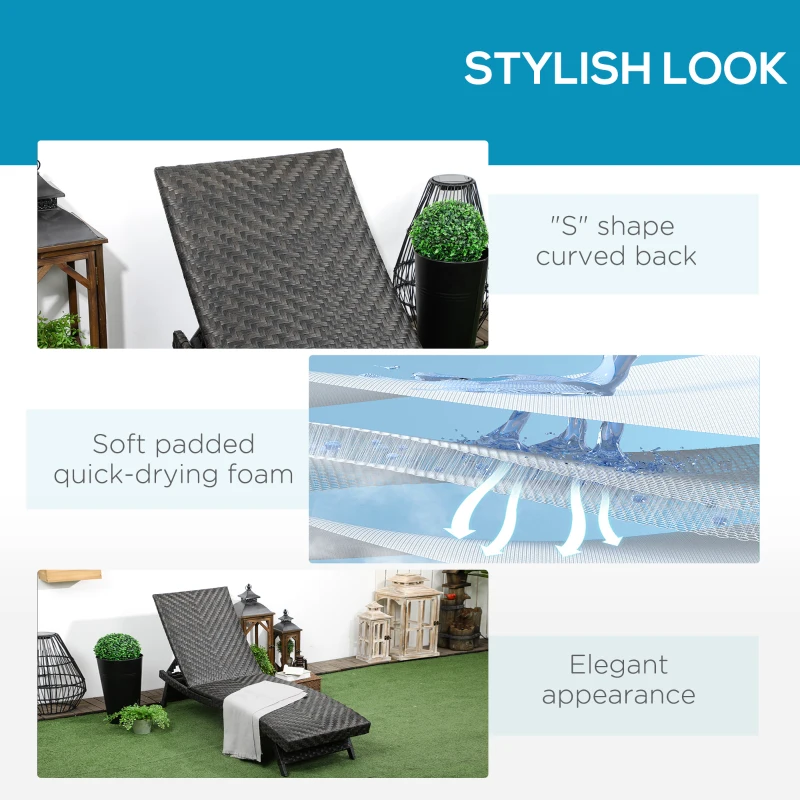 Outsunny Foldable Rattan Outdoor Lounger Chair Recliner with 5-Level Adjustable Backrest, Wheels for Garden, Patio, Mixed Brown