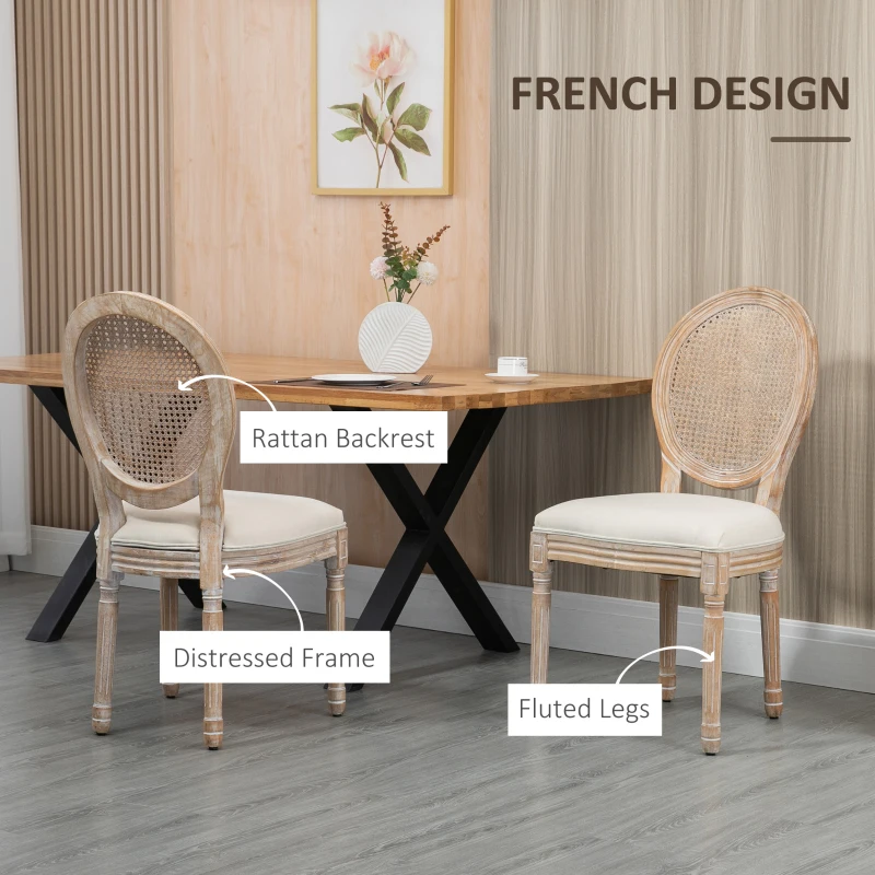 HOMCOM French-Style Upholstered Dining Chair Set, Armless Accent Side Chairs with Rattan Backrest and Linen-Touch Upholstery, Set of 4, Cream White