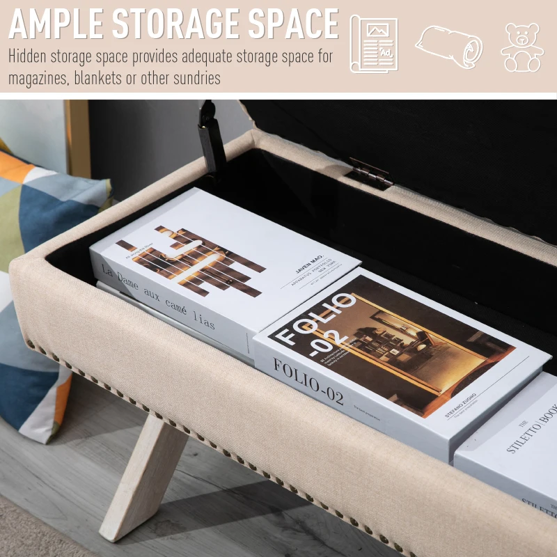 HOMCOM 35.75" Storage Ottoman, Upholstered Storage Bench with Hidden Space, Nailhead Trim and X-Shaped Wood Legs, for Living Room, Entryway, Bedroom, Beige