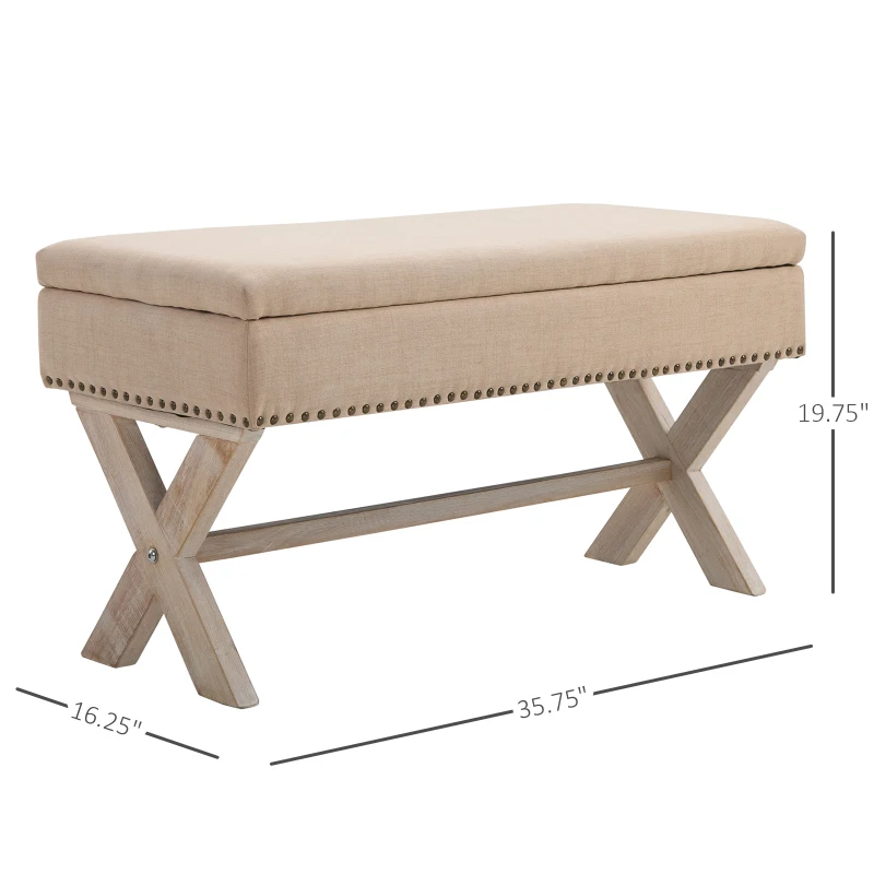 HOMCOM 35.75" Storage Ottoman, Upholstered Storage Bench with Hidden Space, Nailhead Trim and X-Shaped Wood Legs, for Living Room, Entryway, Bedroom, Beige