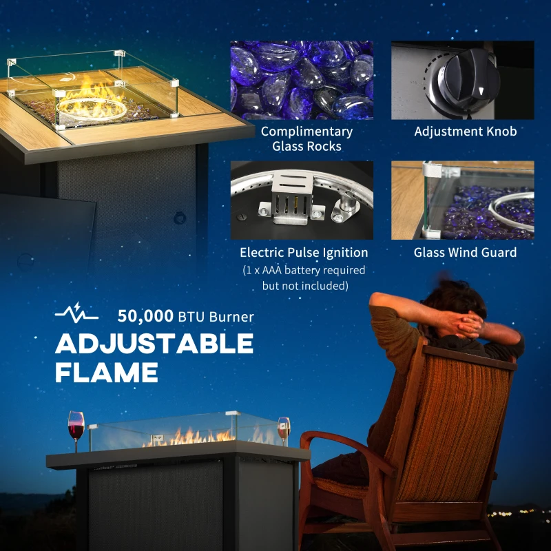 Outsunny 31 Inch Outdoor Propane Gas Fire Pit Table, 50,000 BTU Auto-Ignition Square Gas Firepit with Ceramic Tabletop, Glass Wind Guard, Lid, Glass Beads, Rain Cover, CSA Certification, Brown