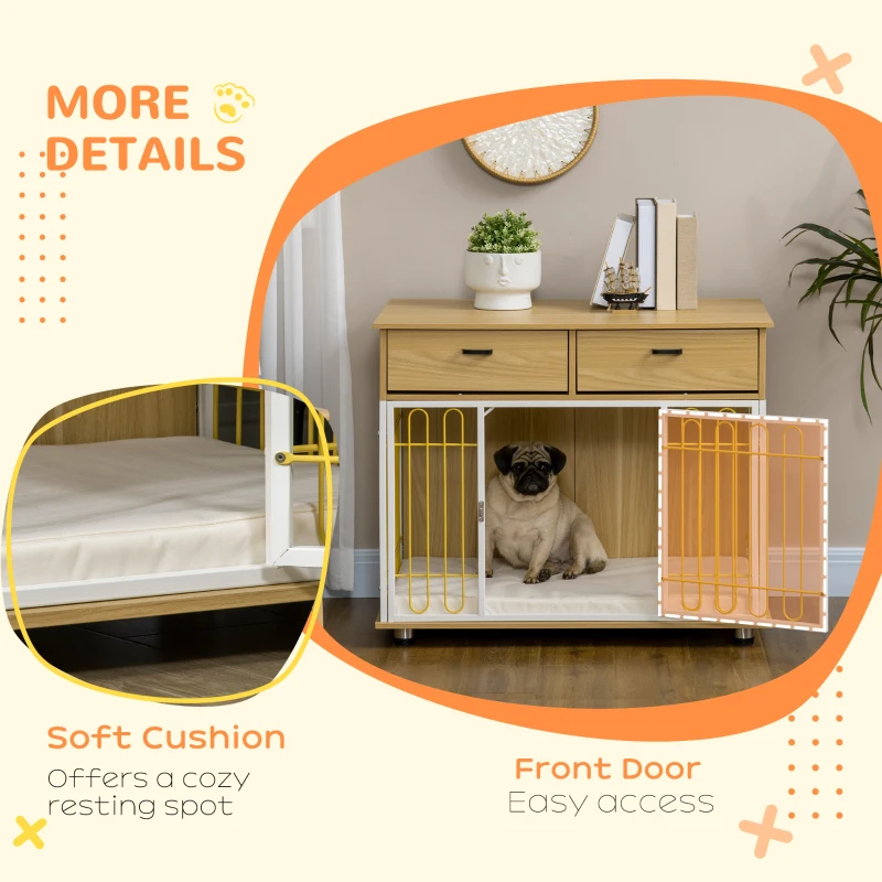 PawHut Dog Crate with Drawers, Soft Cushion, Lockable Door, for Small and Medium Dogs, Oak