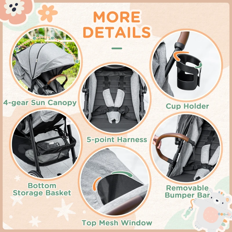 Qaba Lightweight Baby Stroller with One-Click Fold, Toddler Travel Stroller with Adjustable Backrest Footrest, Compact Stroller with All Wheel Suspension, Sun Canopy, Gray