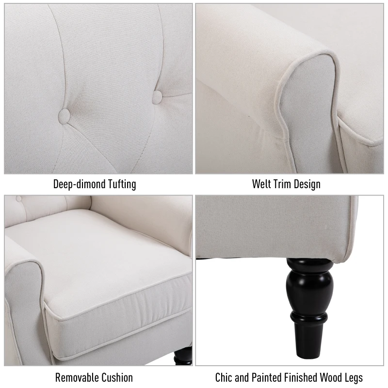 HOMCOM Button-Tufted Accent Chair with High Wingback, Rounded Cushioned Armrests and Thick Padded Seat, Set of 2, Cream White