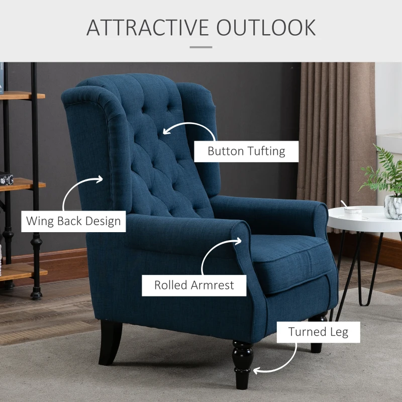 HOMCOM Button-Tufted Accent Chair with High Wingback, Rounded Cushioned Armrests and Thick Padded Seat, Set of 2, Blue