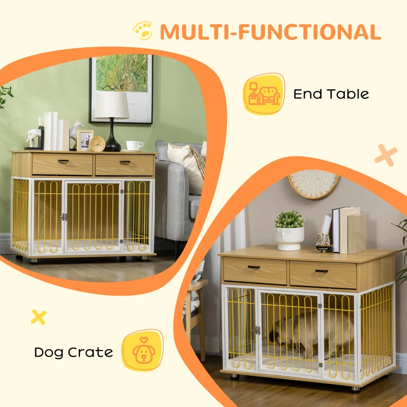 PawHut Dog Crate with Drawers, Soft Cushion, Lockable Door, for Small and Medium Dogs, Oak