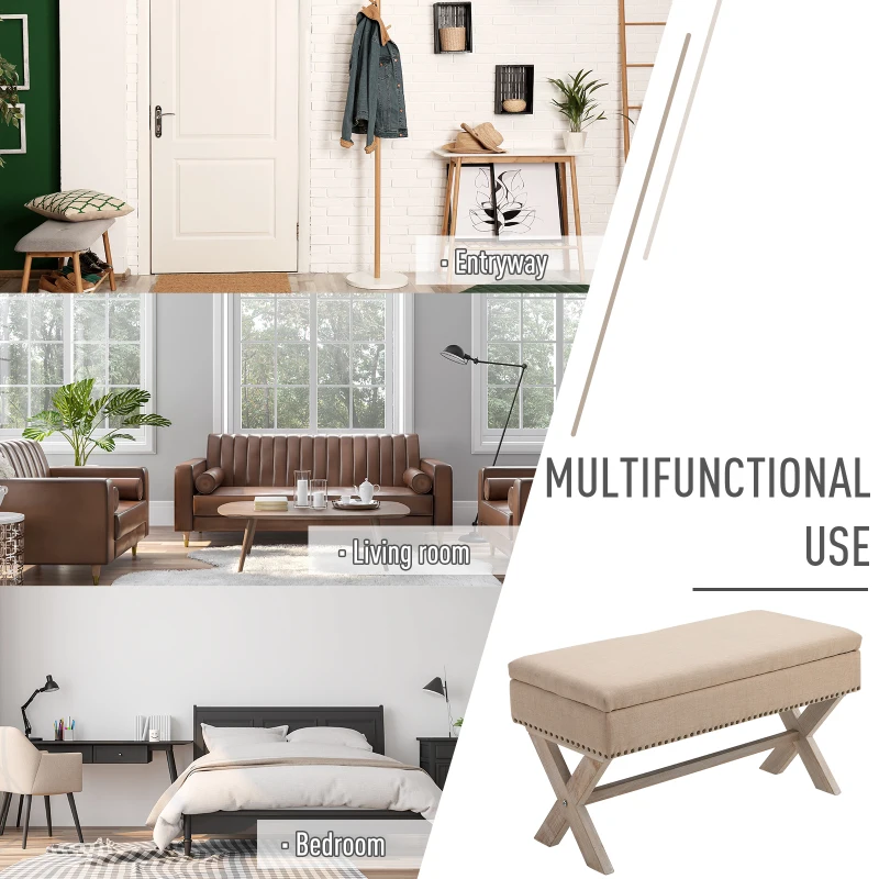 HOMCOM 35.75" Storage Ottoman, Upholstered Storage Bench with Hidden Space, Nailhead Trim and X-Shaped Wood Legs, for Living Room, Entryway, Bedroom, Beige