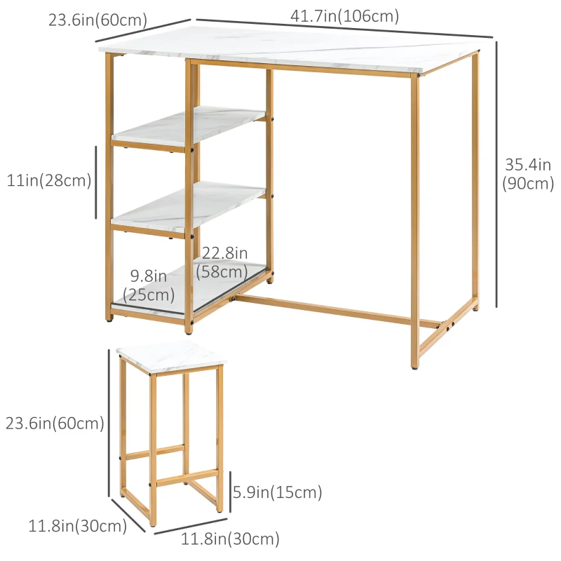 HOMCOM 3 Piece Bar Table and Chairs Set, Kitchen Table and 2 Bar Stools for Dining Room, Living Room, Small Space, White