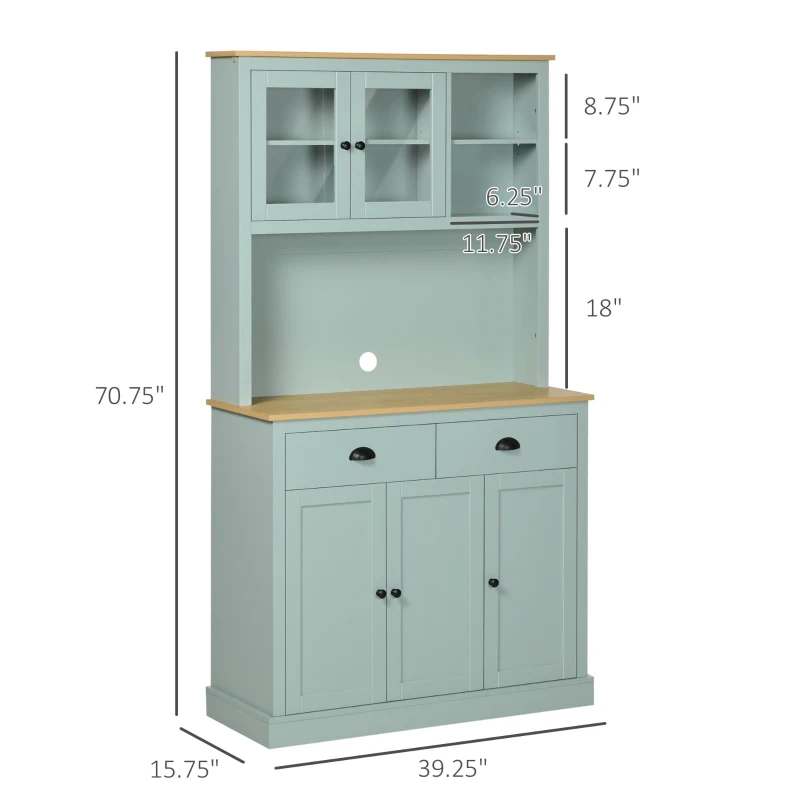 HOMCOM Kitchen Pantry Storage Cabinet with Microwave Stand, 71" Modern Kitchen Hutch with Glass Doors, Storage Drawers and Adjustable Shelves for Dining Room, Light Blue
