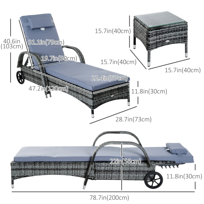 Outsunny 3 Pieces Patio Rattan Chaise Lounge Set, Outdoor PE Wicker Reclining Lounger Furniture Set, Adjustable Portable with Wheeled & Side Table, Grey