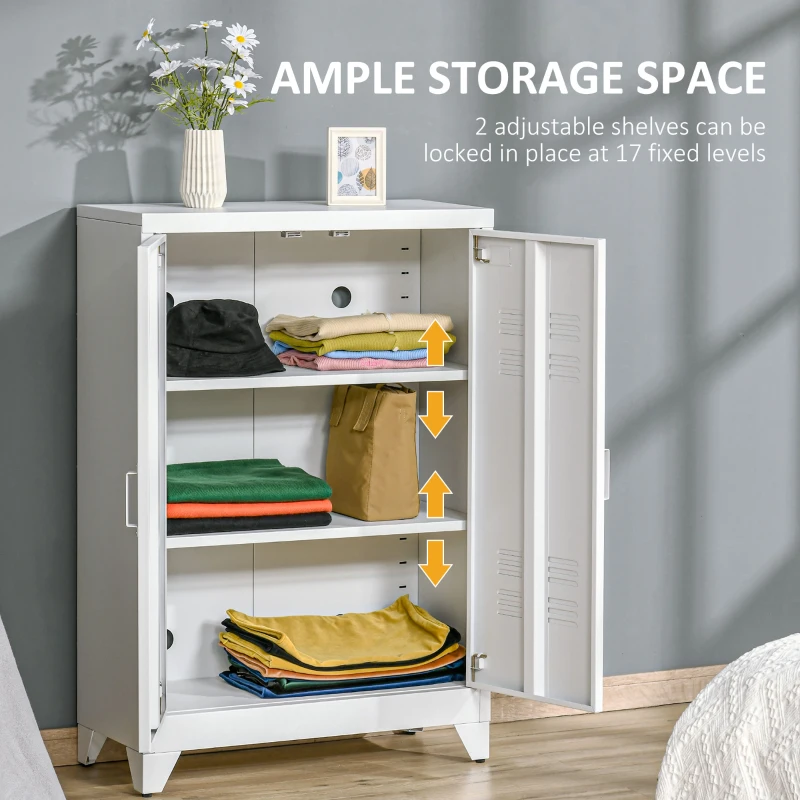 HOMCOM Metal Storage Cabinet, Industrial Sideboard Buffet Cabinet with 2 Louvered Doors, Adjustable Shelves, White
