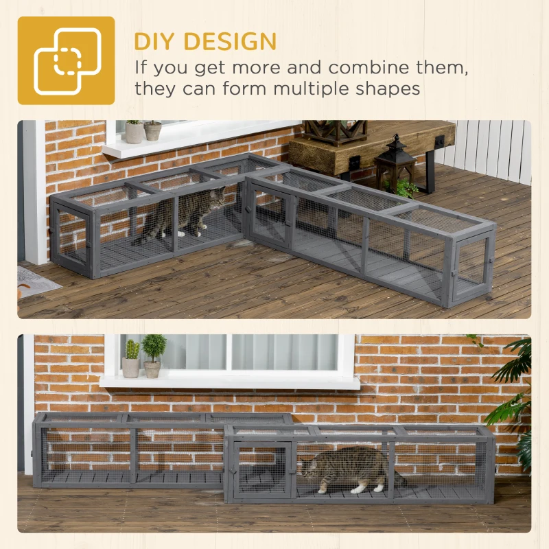 PawHut Catio Outdoor 59"L Cat Tunnel, Cat Enclosure DIY L- Shape with Extendable Design, Kitty shelter with Weather Protection, Removable Door, Lead Grey