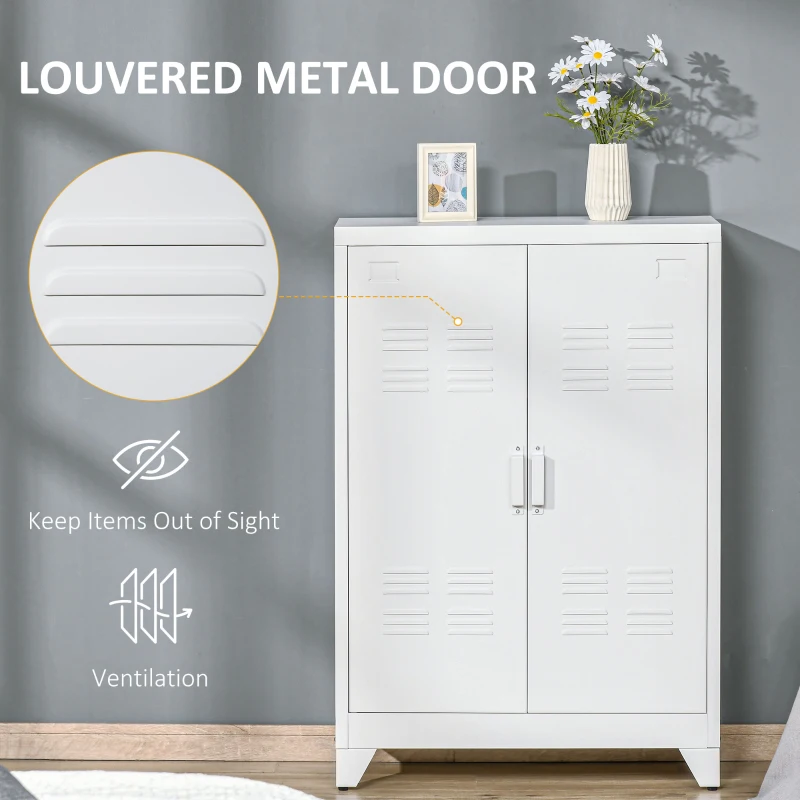 HOMCOM Metal Storage Cabinet, Industrial Sideboard Buffet Cabinet with 2 Louvered Doors, Adjustable Shelves, White