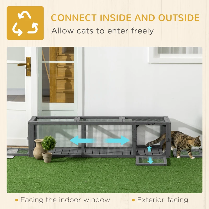 PawHut Catio Outdoor 59"L Cat Tunnel, Cat Enclosure DIY L- Shape with Extendable Design, Kitty shelter with Weather Protection, Removable Door, Lead Grey