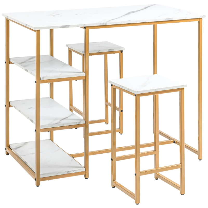 HOMCOM 3 Piece Bar Table and Chairs Set, Kitchen Table and 2 Bar Stools for Dining Room, Living Room, Small Space, White