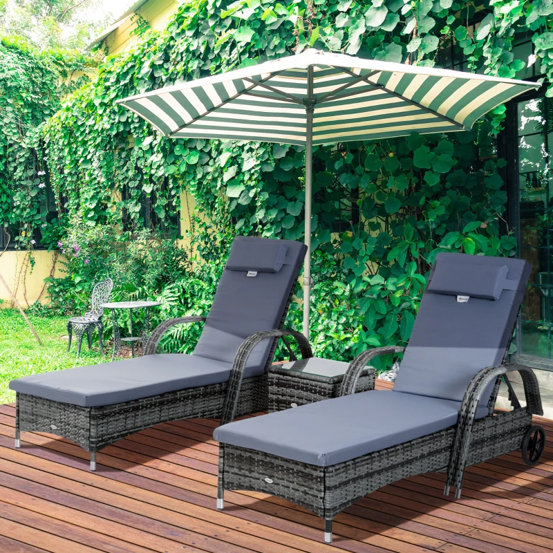 Outsunny 3 Pieces Patio Rattan Chaise Lounge Set, Outdoor PE Wicker Reclining Lounger Furniture Set, Adjustable Portable with Wheeled & Side Table, Grey