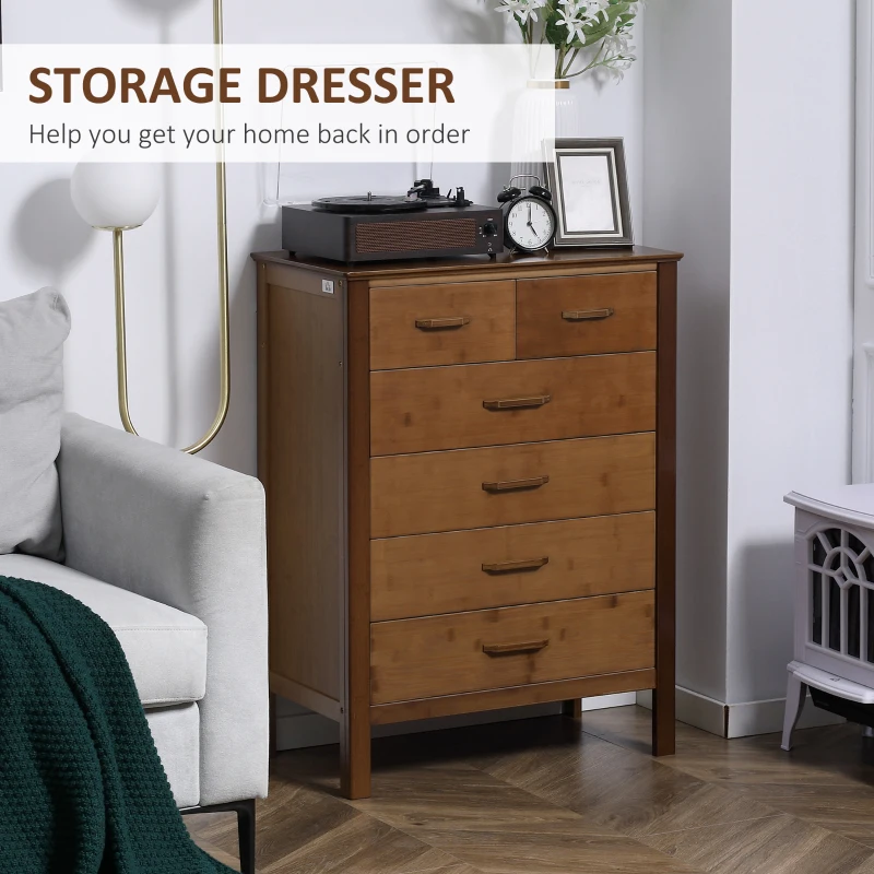 HOMCOM Tall Dresser for Bedroom, 6 Drawer Dresser, Chest of Drawers with Bamboo Frame, Brown