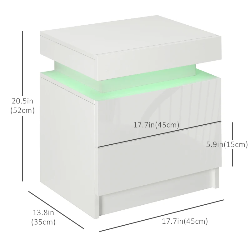 HOMCOM Nightstand, Bedside Table with LED Lights and 2 Drawers for Bedroom, Living Room, White
