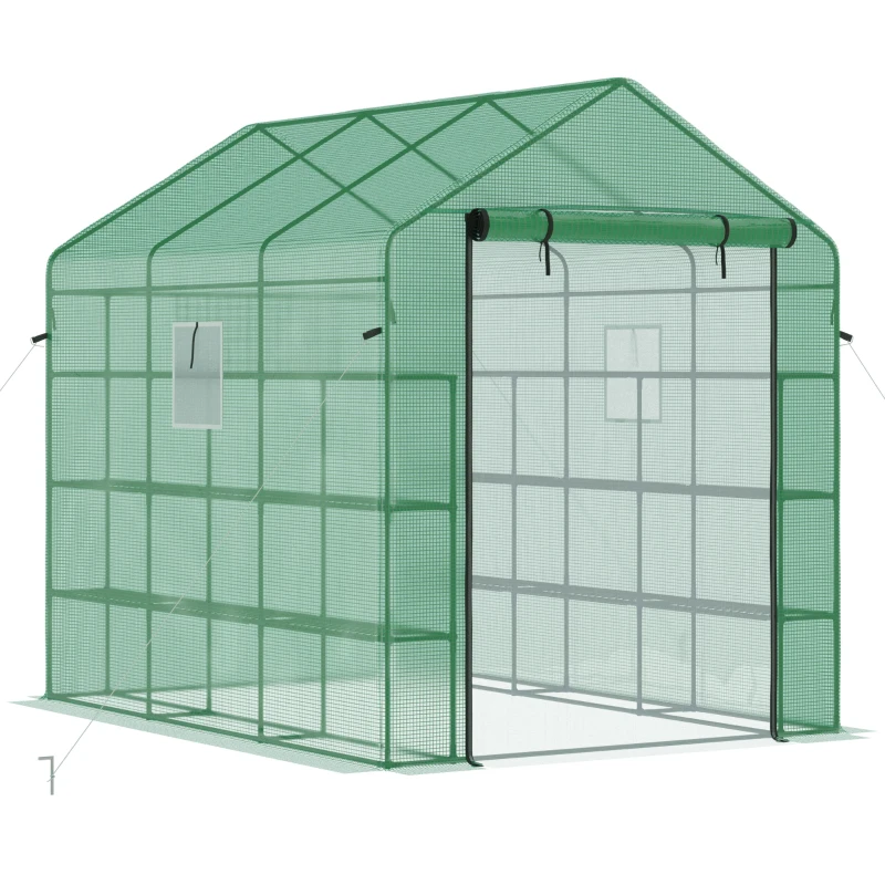 Outsunny 8' x 6' x 7' Walk-in Greenhouse with Mesh Door and Windows, 18 Shelf Green House with Trellis, Plant Labels, UV protective for Growing Flowers, Herbs, Vegetables, Saplings, Green