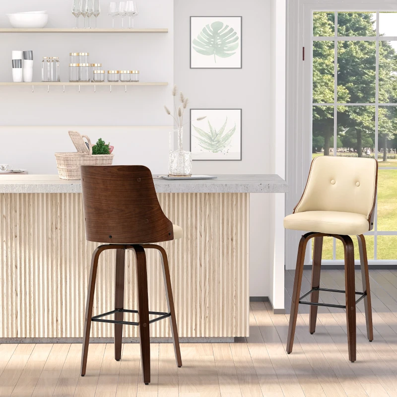 HOMCOM Bar Height Bar Stools, PU Leather Swivel Barstools with Footrest and Tufted Back, Set of 4, Beige