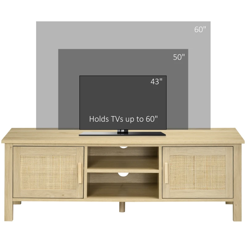 HOMCOM Boho TV Stand for 60 Inch Television, Entertainment Center with Rattan Door, Adjustable Shelf, and Storage Cabinets, Wood TV Console Cabinet for Living Room, Bedroom, Natural Wood