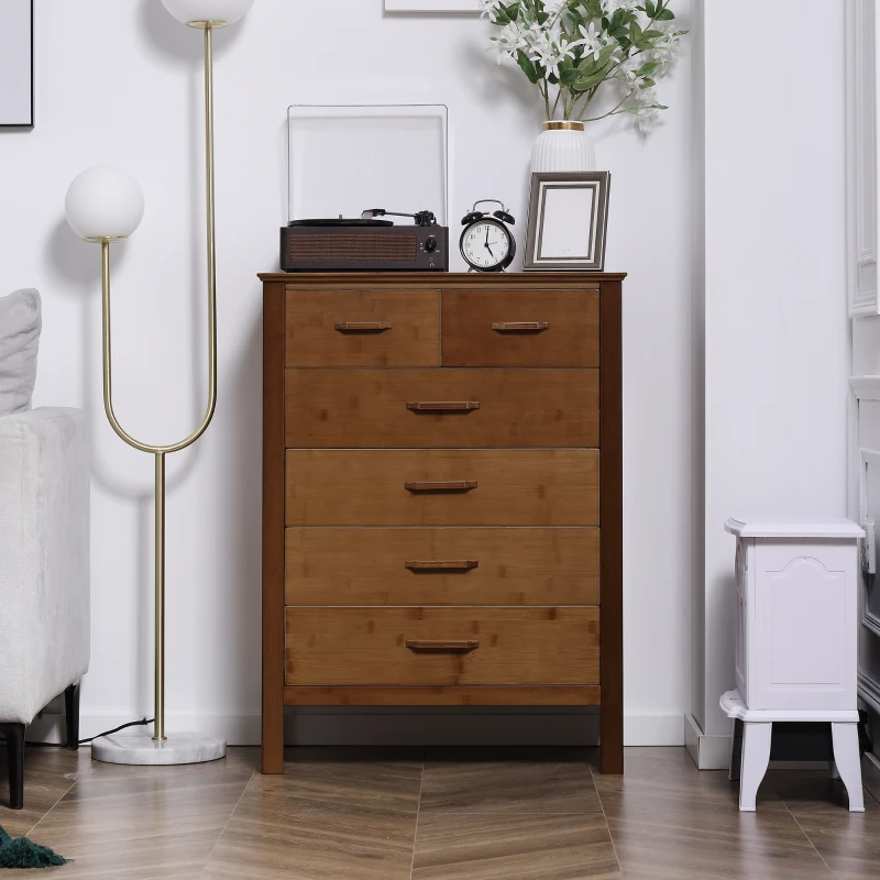 HOMCOM Tall Dresser for Bedroom, 6 Drawer Dresser, Chest of Drawers with Bamboo Frame, Brown