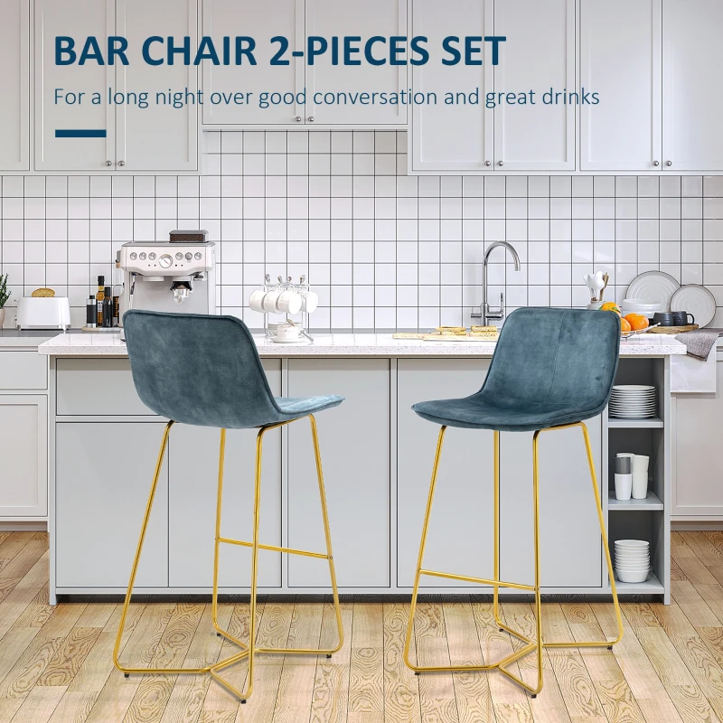 HOMCOM Bar Height Bar Stools, Velvet-Touch Fabric Bar Chairs, 30.25" Seat Height Stools with Gold-Tone Metal Legs for Dining Area, Home Bar, Set of 4, Blue