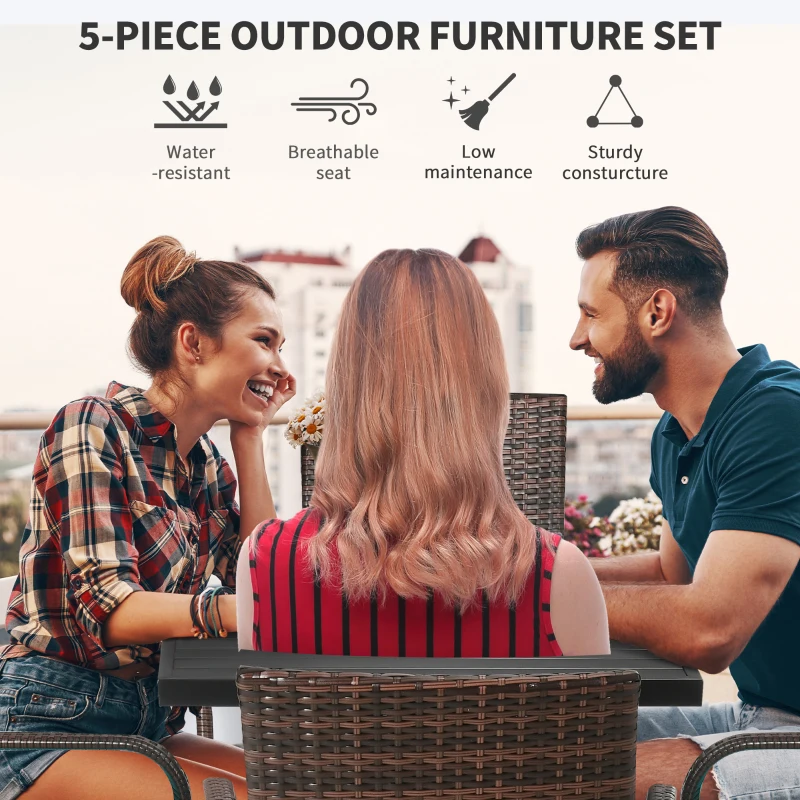 Outsunny 5-Piece Wicker Bar Set, Patio Bar Table Chair with Parasol Hole for Poolside, 31.5"x31.5"x39.8", Brown