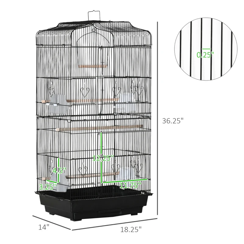 PawHut 36" Bird Cage for Finches Canaries Budgies, Parrot Cage with Accessories Handle, Black
